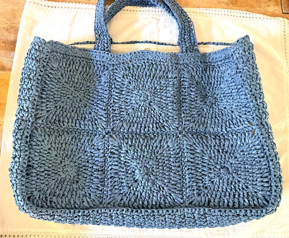 $138 AQUA Bloomingdale's Crochet Raffia Tote Bag Blue Straw Granny Square Bag